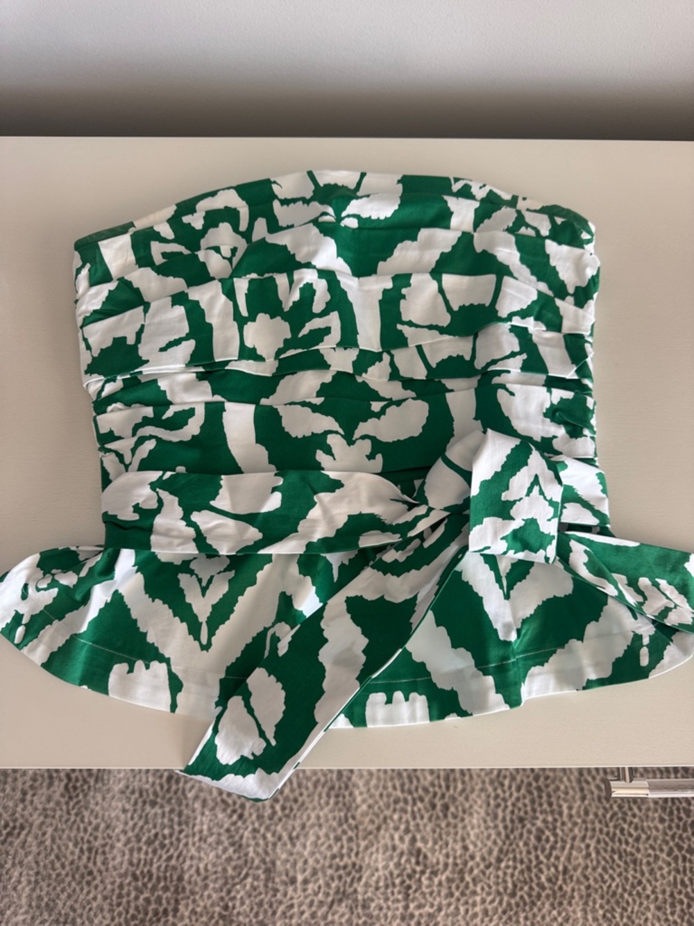 White House Black Market Green and White Strapless Peplum Top